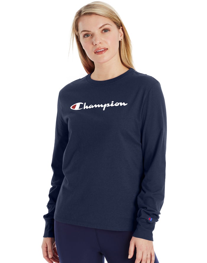 Camiseta Champion Mujer - Classic Long-Sleeve Script Logo ( Azul Marino ) 9324571-AN